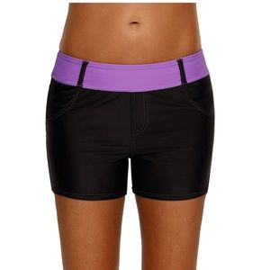 NEW Black/Purple High Waist Swimwear Shorts Bikini Bottoms Women’s Size Medium